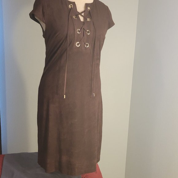 SANDRA DARREN WOMENS BROWN SHORT SLEEVE VEGAN VELVET LACE NECK DRESS - Picture 3 of 13